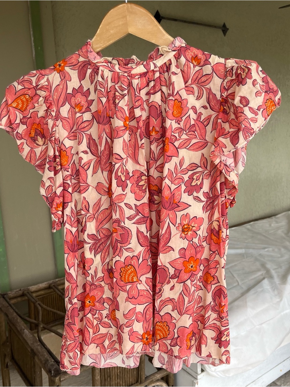 floral high collar ruffle sleeve blouse by Trovata california Birds of Paradise